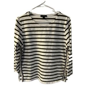 J. Crew 3/4 sleeve olive stripe w/sequins and split hem, size L, 100% cotton.